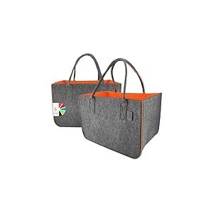IDEA HOME Sac en Feutre Shopper 2 pièces Grand - 30 litres Sac de Courses XXL Pliable Panier à Bois de Cheminée Sac à Jouets, Gris Foncé/Orange, XL