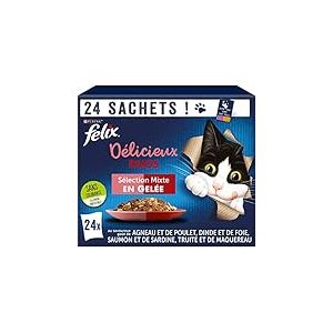 FELIX | Délicieux Duos | En Gelée | Chat Adulte | Sélection mixte : Agneau et Poulet, Dinde et Foie, Saumon et Sardine, Truite et Maquereau | Sachets Fraîcheurs | Lot de 4 ( 24 x 85 g)