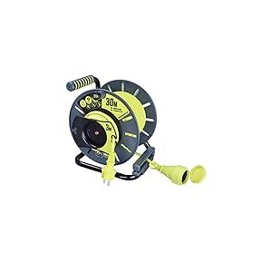 Masterplug Pro-XT Enrouleur ouvert inversé avec prise en ligne résistante aux intempéries 30 m avec câble haute visibilité inversé de 3 m, vert