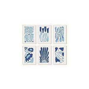 Matisse – Lot de 6 impressions sur toile murale abstraites bleues – Impressions sur toile de galerie Picasso – Images de fleurs pour salle de bain – 20,3 x 25,4 cm – Sans cadre