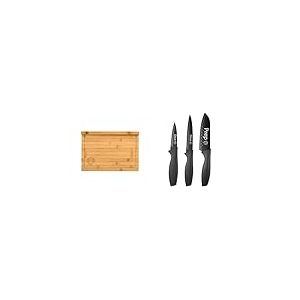 MasterChef Grande Planche à Découper avec Rebord et Rainure À Jus, Pour Préparer, Trancher, Aperitif,Pain & Set Couteau Cuisine, Couteaux compris Couteau d'office, Couteau Universel et Couteau de Chef