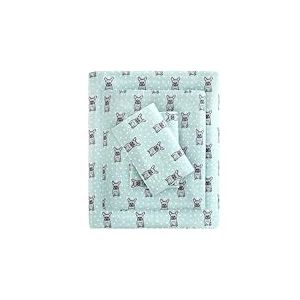 True North by Sleep Philosophy Parure de lit 3 pièces en Flanelle Chaude 100% Coton – Imprimé Animaux, étoiles, Mignons, Ultra Douce pour Temps Froid, lit jumeau XL, Bouledogue français Turquoise