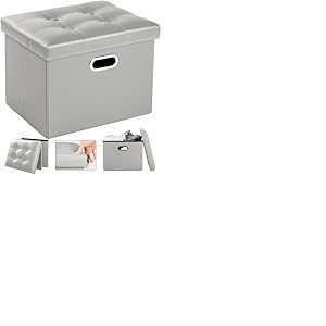 COSYLAND Pouf de Rangement Pliable en Similicuir avec Couvercle - Banc Coffre Multifonction 43x38x38cm - Tabouret Repose-Pieds 200kg - Ottoman de Salon Espace de Stockage Caché, Gris