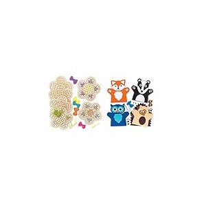 Baker Ross Fleurs en Bois à Tisser - Lot de 4, Activités Manuelles pour Enfants (AT378) & Kits de Couture marionnettes Animaux de la forêt (Lot de 4), Loisirs créatifs pour Enfants