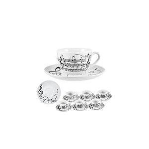 DRW Lot de 6 grandes tasses avec soucoupe en porcelaine décorées de notes de musique Tasse : 9 x 9 x 6,5 cm