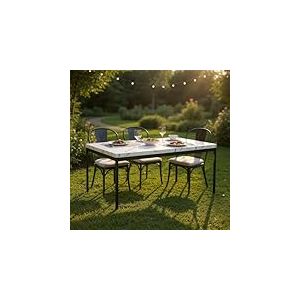 FurnitureR Tables &agrave; Service de Jardin en Imitation Marbre Blanc, pour 4 &agrave; 6 Personnes, Plateau en Bois Epais avec Structure M&eacute;tallique, pour Terrasse, Patio, Salle &agrave; Manger, Garden, 150 x 75 x 75cm