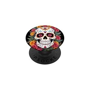 Skull Collection by ApiDesign T&ecirc;te de mort mexicaine sugar skull Dia de los Muertos PopSockets PopGrip Adh&eacute;sif Colorful (with sugar skull design and flowers) pour t&eacute;l&eacute;phone portable