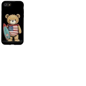 Ours en peluche cool qui attrape les vagues avec planche de surf américaine Coque pour iPhone SE (2020) / 7 / 8