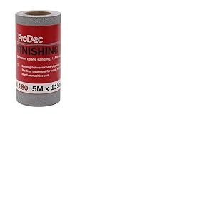 ProDec Rouleau papier abrasif de finition 5 m grain moyen 180 pon&ccedil;age entre couches de peinture ou vernis, rouleau de papier abrasif largeur 115 mm compatible avec ponceuses &agrave; main et &eacute;lectriques