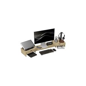 HOMCOM Rehausseur écran PC bureau support d'écran d'ordinateur de 60-116 cm support moniteur avec 2 tiroirs, longueur et angle réglables, pour ordinateur portable, PC, chêne