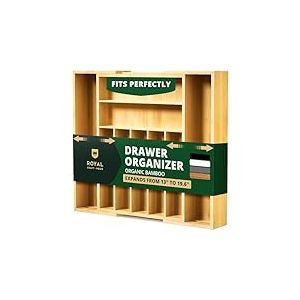 ROYAL CRAFT WOOD Organiseur de tiroir de cuisine de luxe en bambou – Organiseur d'argenterie – Porte-ustensiles et plateau à couverts avec séparateurs de tiroir rainurés pour couverts et ustensiles de