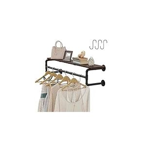 Crehomfy Portant à vêtements industriel avec étagère supérieure et 3 crochets, portant à vêtements mural de 104 cm de long, barre à vêtements en fer robuste, barre de suspension de vêtements, 4 bases