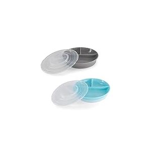 Twistshake 2x Baby Divided Plate with Airtight Lid | Divided Plate for Kids | BPA Free | Feeding Plate | Grey Blue