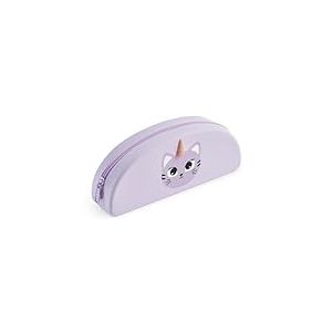 Back2Fun - Trousse ovale chat, Étui un compartiment, Taille 195 x 80 x 42 mm, Trousse en silicone, Fermeture éclair, Papeterie mignonne, Couleur lilas pastel