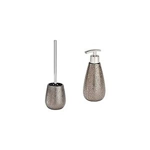WENKO Brosse WC Marrakesh - Porte-Brosse WC, Céramique, 12.5 x 41 x 12.5 cm, Marron & Distributeur de Savon Marrakesh - Distributeur de Savon Liquide 0.4 l, Céramique, 8 x 18.6 x 8 cm, Marron
