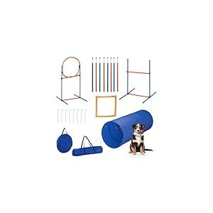 Relaxdays Agility Set pour Chien, 76 Pièces Tunnel pour Chien, Hordes Réglables, Anneau Saut, Slalom Sac, Bleu-Orange