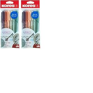 Kores - K0R-M : Stylos &agrave; bille avec encre semi-gel BLEUE au design vintage, pointe moyenne 1 mm Biro pour une &eacute;criture douce, forme triangulaire ergonomique, pack de 6 (Lot de 2)
