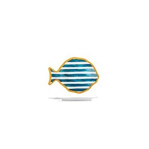 H&H – Set de 6 grandes assiettes en mélamine – Forme poisson 36 cm – Rayures bleues et blanches, bord jaune – Style marin estival, lavables en lave-vaisselle