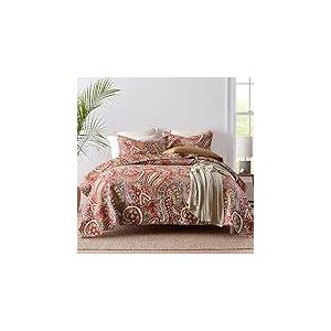 ENASAL Parure de lit réversible en Coton avec Couvre-lit Motif Cachemire Floral (Rouge, Grand lit)