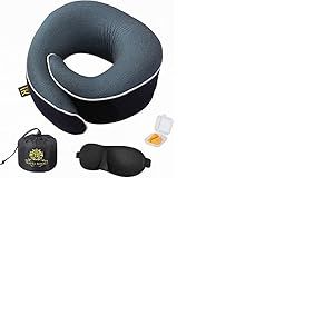 Travel Royale Neck Pillow Head, Chin, Neck 360&deg; Support Pillow Adjustable 100% Pure Memory Foam Pillow for Airplanes, Car & Home, Ergonomic Design Full Neck Surround Bundle Eyecover & Earplugs (Navy)