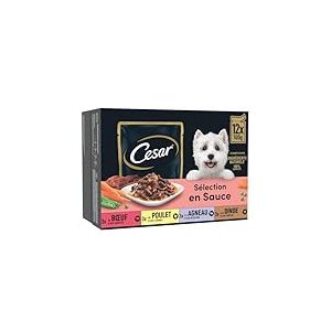 CESAR Repas pour Chien - 48 Sachets Fraîcheur (Lot de 4 Packs 12x100g) - Pâtée pour Chien en Sauce - Boeuf / Poulet / Agneau / Dinde - Nourriture Complète & Equilibrée avec des Ingrédients Naturels