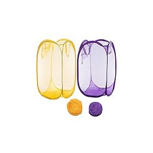 Qtopun Lot de 2 paniers &agrave; linge pliables en maille, paniers &agrave; linge sales portables et pliables pour chambre &agrave; coucher, chambre d'enfant, dortoir d'universit&eacute; et voyage (jaune + violet)