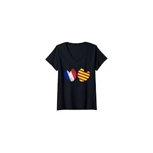 Femme Catalonia France Coeur Drapeau Française Drapeau Catalan Amour Coeur T-Shirt avec Col en V
