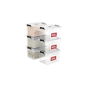 Cetomo 45L*6 Boîte de Rangement, Bac de rangement avec Poignée, Plastique Organisateur avec Couvercle, Empilable, Transportable, pour Vêtements, Bureau, Chambre, Dortoirs, Transparent, 45L - Lot de 6