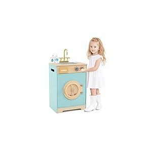FANTASK Kit de Machine à Laver pour Enfants en Bois avec détergent et désinfectant pour Les Mains, kit de Linge avec évier, tiroir et molette pour Enfants à partir de 3 Ans
