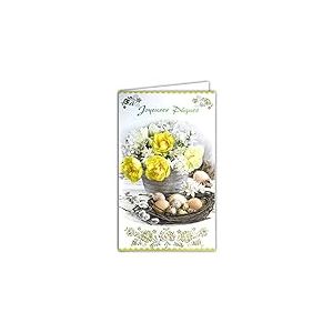 12-6013 Carte Joyeuses Pâques Bouquet Fleurs Printemps Tulipes Jaunes Jonquilles Narcisses Nid œufs Livré avec Enveloppe Format 12x19,5cm Papier écolabel FSC Gestion Durable Forêts Fabriqué en Europe