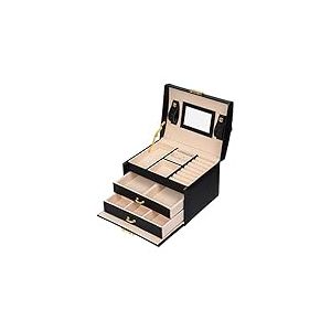 Mondeer Boîte à Bijoux, Boîte a Bijoux Cadeau, Rangement Boîte à Maquillage, Boite a Bijoux de Voyage à 3 Couches en Simili Cuir, avec 2 Tiroirs, Miroir et Serrure (Noir)