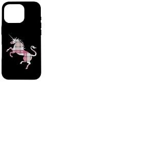 Silhouette de licorne écossaise en tartan rose, blanc et gris Coque pour iPhone 16 Pro