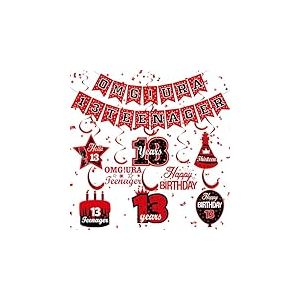 Lot de 9 d&eacute;corations de 13e anniversaire pour gar&ccedil;ons et filles OMG URA 13 adolescents &ndash; Banni&egrave;re et tourbillons &agrave; suspendre &ndash; Banni&egrave;re rouge et noire &laquo; Happy 13th Birthday &raquo; &agrave; suspendre pour 13e