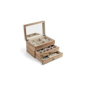 Meangood Grande bo&icirc;te &agrave; bijoux pour femme, grande bo&icirc;te de rangement &agrave; bijoux en bois rustique avec miroir et plateau &agrave; bagues pour collier, boucles d'oreilles, bracelets, bagues, style vintage (noir