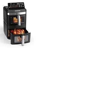 GOURMETmaxx FryUp XL Friteuse &agrave; air chaud verticale &agrave; double chambre avec fen&ecirc;tre de visualisation - 12 L | Avec &eacute;cran tactile LED multicolore et 12 programmes | 2 chambres avec chaleur sup&eacute;rieure