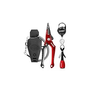 SAMSFX Pince de pêche en Aluminium pour Retirer Les hameçons, Coupe-Fil de Tresse avec Cordon enroulé et Gaine, Outil de nouage de nœuds et rétracteurs pour la pêche à la Mouche (poignée Grise et