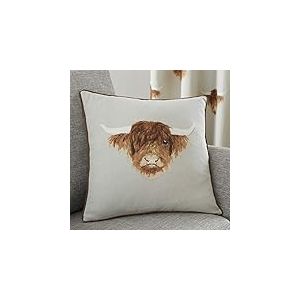 Fusion - Coussin Naturel Vache Highland (43 x 43 cm) - 100% Coton - Garnissage Inclus - Bord passepoilé - Coussin imprimé Vache crème avec Housses incluses/Inserts de Coussin - Cadeaux Vache Highland