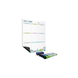 Joeji's Organisateur Hebdomadaire Magnétique Grand Format A3 - Facile à Fixer sur le Frigo - Calendrier Familial Plan de Repas Tableau des Tâches - 4 Marqueurs avec Effaceurs - Portrait