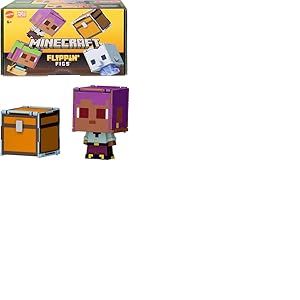 Minecraft Coffret Flippin’ Figs Efe + Efe sur son voilier et Dauphin + Coffre avec 2 figurines articulées 2 en 1 de 9,5 cm à transformer, têtes surdimensionnées, JCY31