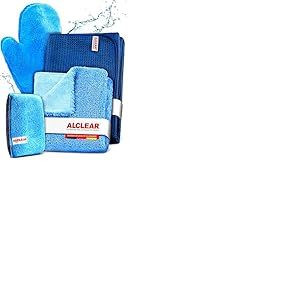 ALCLEAR 8201000 Kit d&rsquo;Entretien Automobile Professionnel 4 Pi&egrave;ces avec Chiffon de S&eacute;chage en Microfibre, Chiffon Universel Double Face, Gant de Lavage et &Eacute;ponge Microcar sans Brosse pour Jantes
