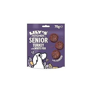 Lily’s Kitchen Fabriqué à partir d’ingrédients naturels Friandises pour Chiens Seniors Bouchées à la Dinde et au Poisson Blanc Recette sans céréales 8 x 70g