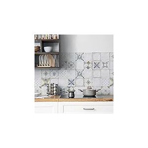 CREARREDA Panneau de Cuisine Anti-&eacute;claboussures, Autocollant Mural Facile &agrave; appliquer, Motifs Carreaux de Provence, 260 x 60 cm, 100% fabriqu&eacute; en Italie, en PVC, Ignifuge et r&eacute;sistant &agrave; l&rsquo;Eau, &eacute;vier