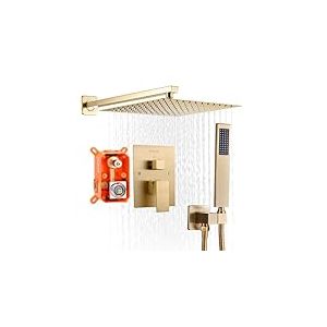 VEVOR Ensemble de Robinetterie de Douche Encastrable, Syst&egrave;me de Douche de Pluie avec Pommeau de T&ecirc;te Carr&eacute; de 25,4 cm, Douchette &agrave; Main et Kit de Garniture, Fixation Murale, Salle de Bain, Or Bross&eacute;