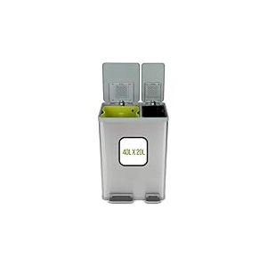 Simpli-Magic Poubelle de cuisine rectangulaire de 60 litres, mains libres, double compartiment de recyclage, avec couvercle à fermeture amortie, en acier inoxydable brossé (capacité de 40 L + 20 L)