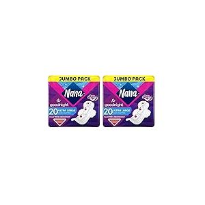 Nana Ultra Goodnight Large Serviettes Hygi&eacute;niques Avec Ailettes - Flux Tr&egrave;s Abondants - 20 Serviettes En Pochette Individuelle (Lot de 2)
