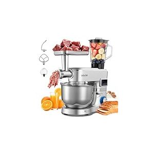 VEVOR Robot P&acirc;tissier et Culinaire 5,7 L, Batteur sur Socle 1500 W avec Fonction Hachoir &agrave; Viande et Blender de 1,5 L, Batteur Mixeur 6 Vitesses avec Pulse, Bol en Inox, M&eacute;lange Fouettage P&eacute;trissage