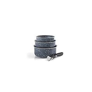 Qulinart by Brandt - Batterie de Cuisine à Induction 4 Pièces - Set de 3 Casseroles en Aluminium Anti-Adhésives 16, 18 et 20 cm avec Poignée Amovible - Lot pour Tout Feu - Gris Marbre