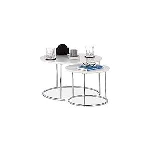 Relaxdays Table Gigogne Set de 2 Table de Salon Petite Ronde Mate, Table Basse Bois M&eacute;tal Chrom&eacute; 60x60 cm, Blanc