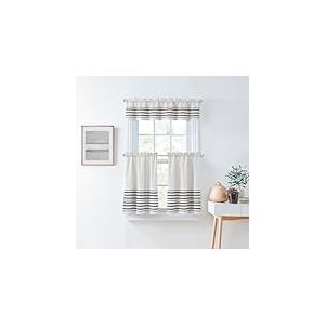 Curtainworks Lot de 3 Rideaux de Cuisine avec cantonnière filtrant la lumière, Rayures tissées mondiales, 71 x 91 cm, cantonnière de 142 x 35 cm (l x L), Rayures Blanches et Bleu Marine