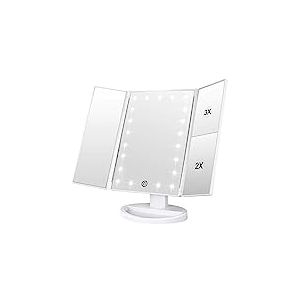 WEILY Miroir de Maquillage, 1x /2x/3x Miroir de Maquillage à Trois Volets avec 21 lumières LED et Miroir réglable à écran Tactile Miroirs de comptoir cosmétiques (Blanc)